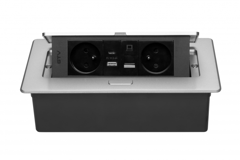 Presa per Mobili MULTISOFT 2x Presa con Messa a Terra, USB A+C, RJ45, Cavo di Alimentazione con Spina, Alluminio