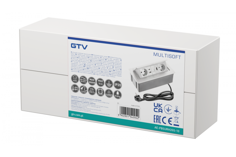 Presa da incasso MULTISOFT, 2xSHUKO, USB A+C, RJ45, HDMI, cavo 1,5 m, bianco