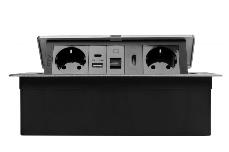 Presa per mobili MULTISOFT, 2xSHUKO, USB A+C, RJ45, cavo HDMI 1,5 m, alluminio