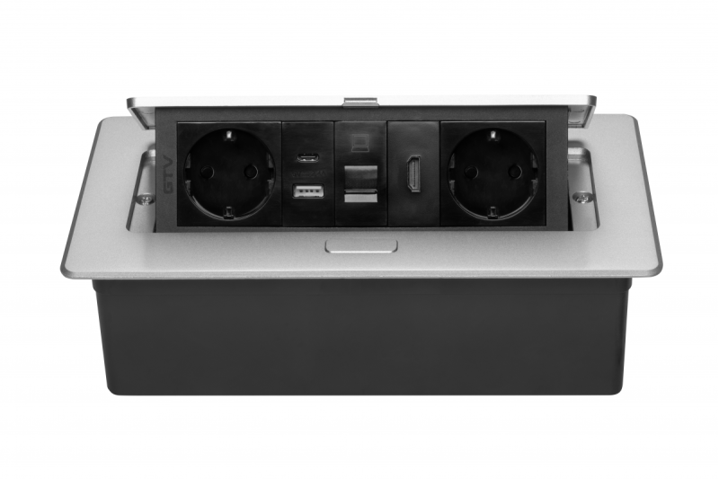 Presa per mobili MULTISOFT, 2xSHUKO, USB A+C, RJ45, cavo HDMI 1,5 m, alluminio