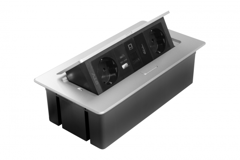 Presa per mobili MULTISOFT, 2xSHUKO, USB A+C, RJ45, cavo HDMI 1,5 m, alluminio