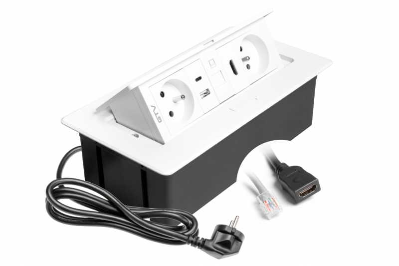 Presa per mobili MULTISOFT 2x Presa con Messa a Terra, USB A+C, RJ45, HDMI, Cavo di Alimentazione con Spina, Bianco