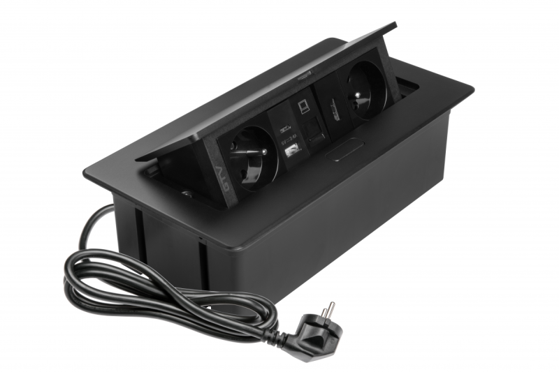 Presa per mobili MULTISOFT 2x Presa con Messa a Terra, USB A+C, RJ45, HDMI, Cavo di Alimentazione con Spina, Nero