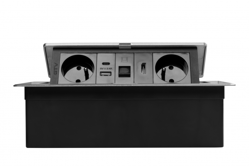 Presa per mobili MULTISOFT 2x Presa con Messa a Terra, USB A+C, RJ45, HDMI, Cavo di Alimentazione con Spina, Alluminio