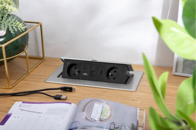 Presa per mobili MULTISOFT 2x Presa con Messa a Terra, USB A+C, RJ45, HDMI, Cavo di Alimentazione con Spina, Alluminio