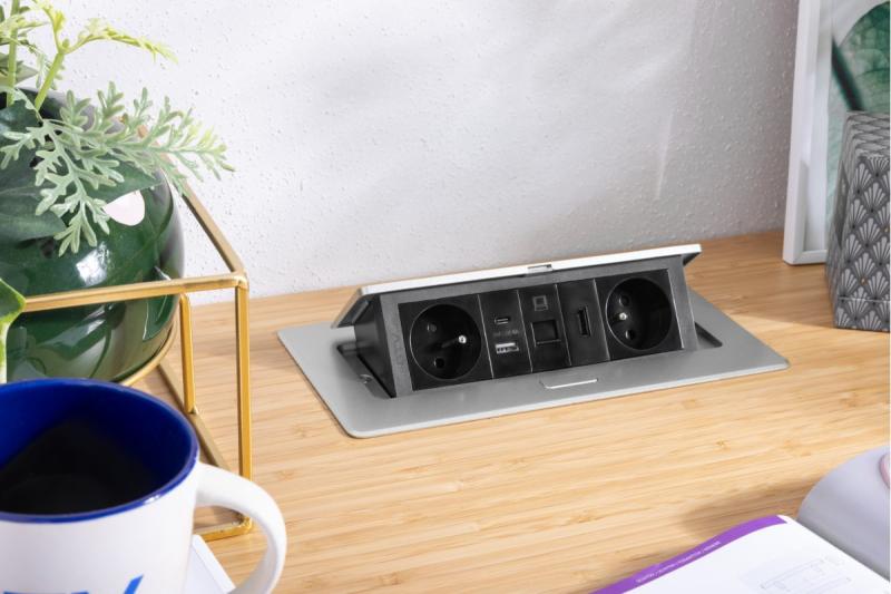 Presa per mobili MULTISOFT 2x Presa con Messa a Terra, USB A+C, RJ45, HDMI, Cavo di Alimentazione con Spina, Alluminio