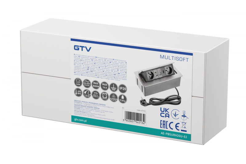 Presa per mobili MULTISOFT 2x Presa con Messa a Terra, USB A+C, RJ45, HDMI, Cavo di Alimentazione con Spina, Alluminio