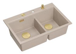 Lavello da incasso Quadri Hard Rock in granito beige doppio 76x50 cm con tappo dorato e accessori 1208971663
