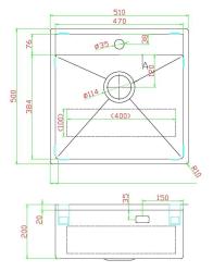 Pure.Sink Luxion Lavello in acciaio inox 51x50 cm Tapwing con foro per rubinetto PLX5150T-02