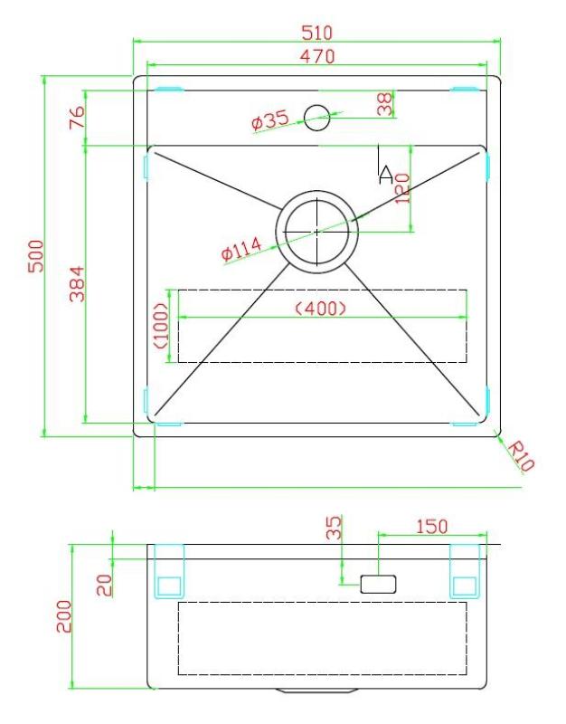 Pure.Sink Luxion Lavello in ghisa 51x50 cm Tapwing con foro per rubinetto PLX5150T-61