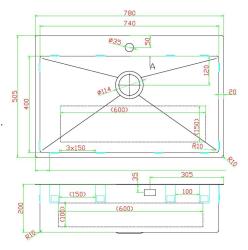 Pure.Sink Luxion Grande lavello in acciaio inox 78x50 cm Tapwing con foro per rubinetto PLX7850T-02