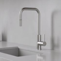 Pure.Sink Luxion solid stainless steel kitchen faucet, square with pull-out spout PLXSQUA-02