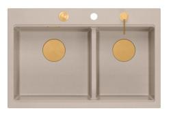 Lavabo Doppio in Granito Beige Hard Rock Quadri 76x50 cm con Tappo di Rame e Accessori 1208971726