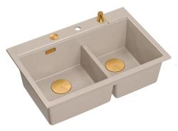 Lavabo Doppio in Granito Beige Hard Rock Quadri 76x50 cm con Tappo di Rame e Accessori 1208971726