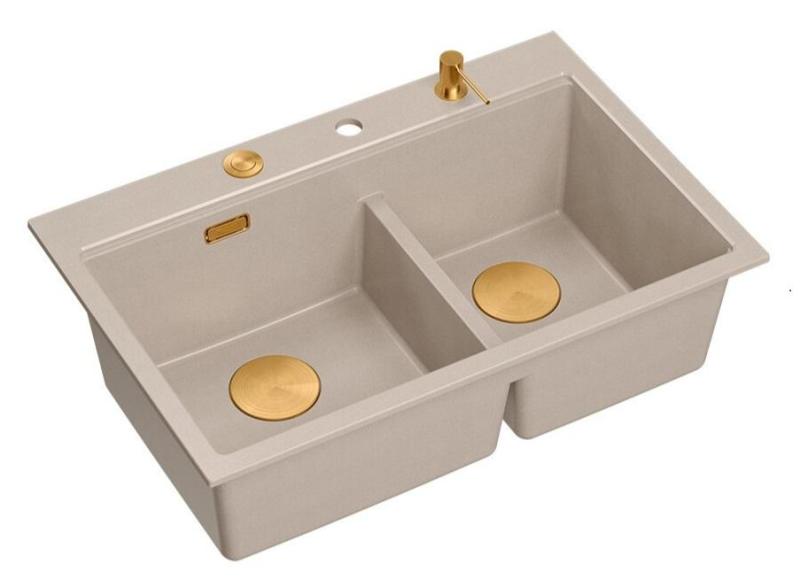 Lavabo Doppio in Granito Beige Hard Rock Quadri 76x50 cm con Tappo di Rame e Accessori 1208971726
