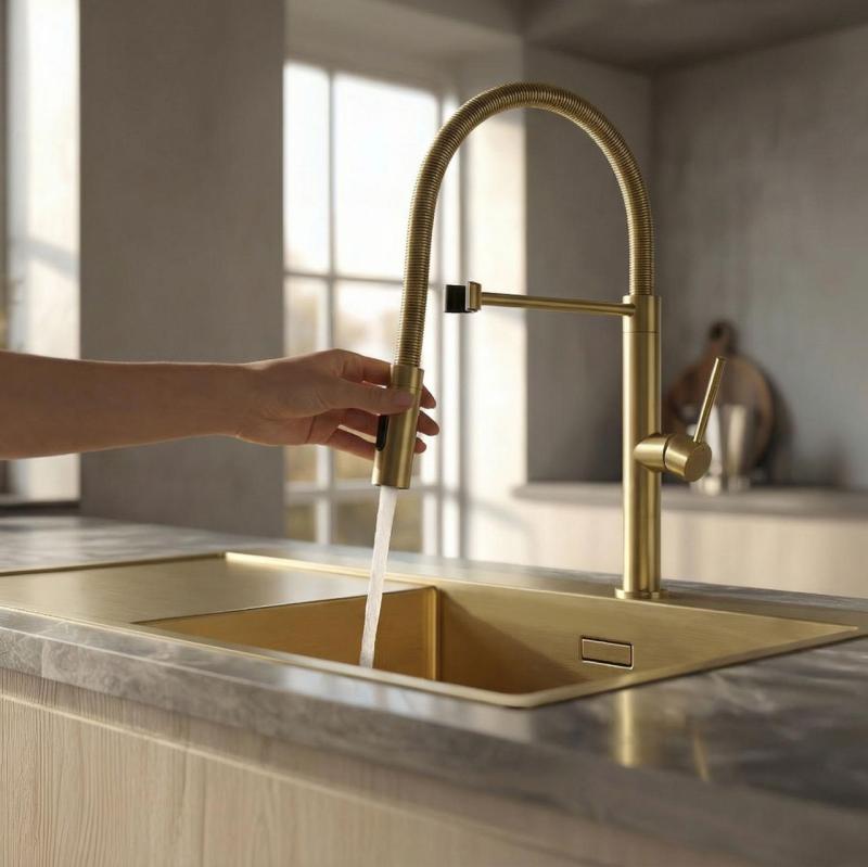 Pure.Sink Luxion Rubinetto da cucina dorato Profi con bocca flessibile e 2 tipi di getto PLXFLEX-60