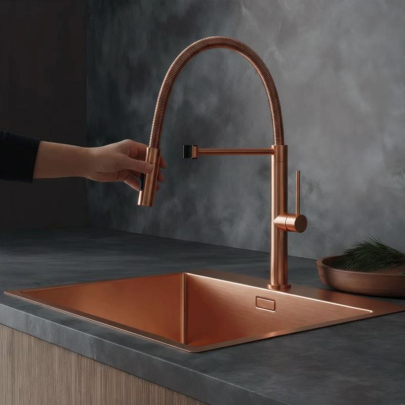 Pure.Sink Luxion Rubinetto da cucina in rame professionale con bocca flessibile e 2 tipi di getto PLXFLEX-62