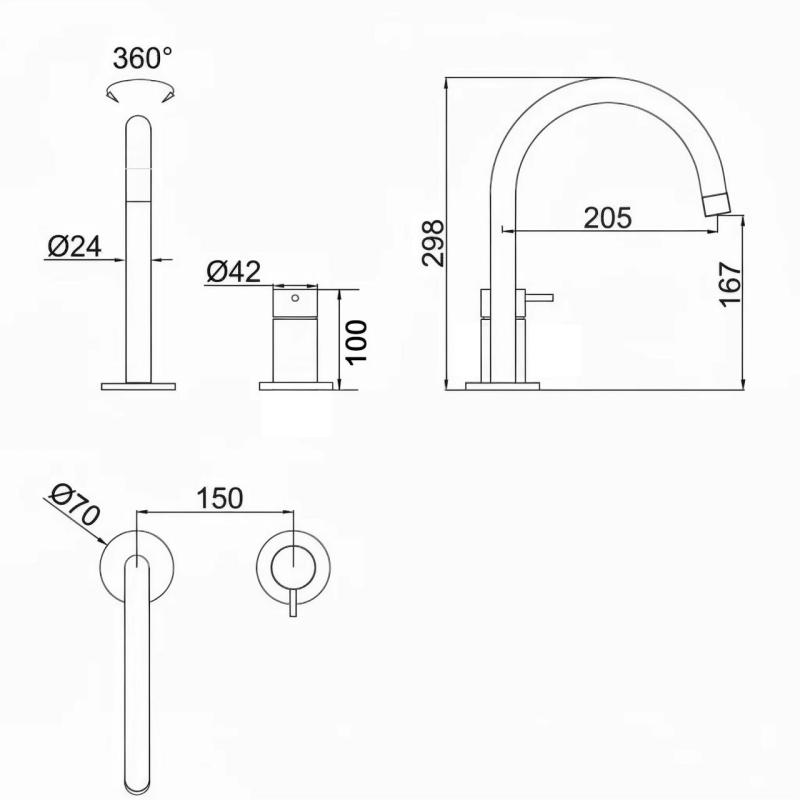 Pure.Sink Luxion Rubinetto da cucina dorato a 2 fori con bocca rotonda PLX2HR-60