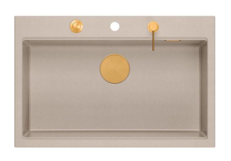 Lavello da incasso grande in granito beige Quadri Hard Rock 76x50cm incluso tappo di rame e accessori 1208971750