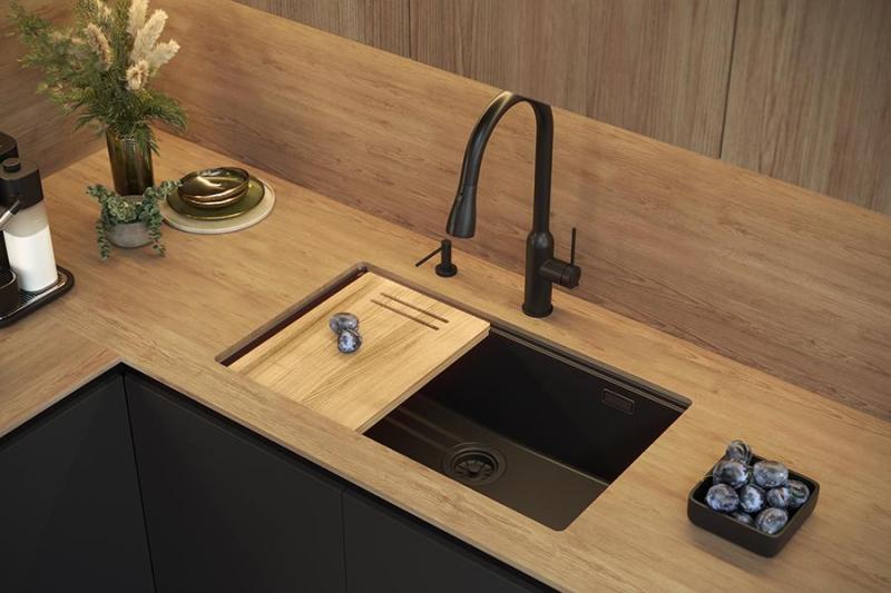 Quadri Newport II lavabo grande e profondo in granito da incasso e sottotop beige 76x45cm con tappo dorato 1208971759