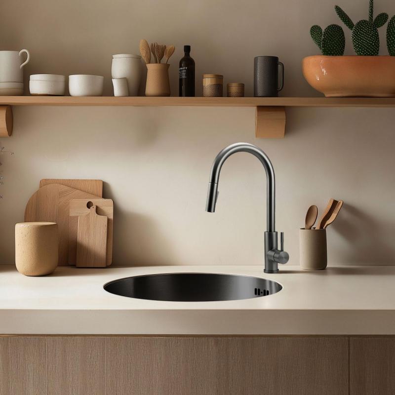 Pure.Sink Rondo Gun metal Rotondo Lavello da incasso, sottotop e sopratop 38 cm PRN38-61