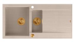 Lavello sopra-top Quadri Luton pearl beige in granito con 1,5 vasche e zona di scolo reversibile 100x50cm con tappo di rame 1208971792