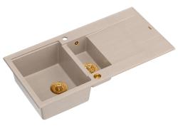 Lavello sopra-top Quadri Luton pearl beige in granito con 1,5 vasche e zona di scolo reversibile 100x50cm con tappo di rame 1208971792