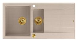 Lavello da incasso Quadri Luton in granito beige perlato con 1,5 vasche e zona di sgocciolamento reversibile 100x50cm con tappo dorato 1208971793