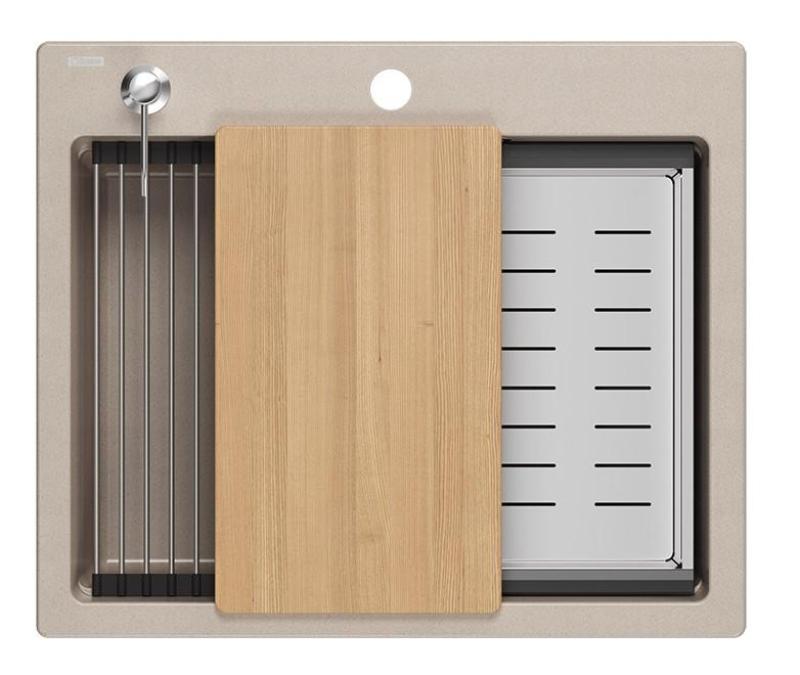 Lavabo da incasso Quadri Durham Pearl Beige in granito 595x500 con dispenser di sapone, tagliere, vaschetta interna e tappetino rotolante 1208971814