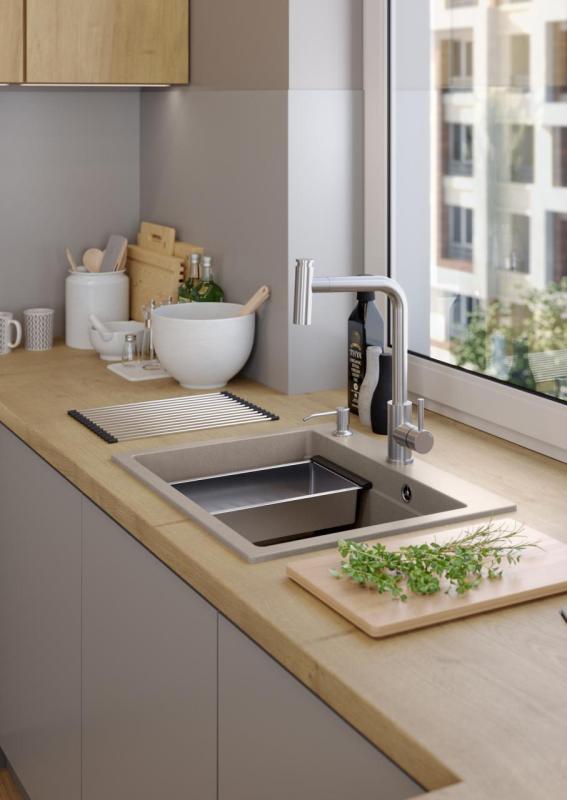 Lavabo da incasso Quadri Durham Pearl Beige in granito 595x500 con dispenser di sapone, tagliere, vaschetta interna e tappetino rotolante 1208971814