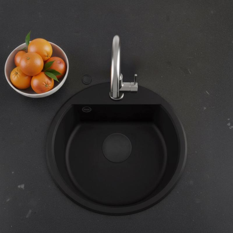GraniteMy Bremen lavabo rotondo in granito 43 cm nero, da incasso e sottotop, con foro per rubinetto e tappo automatico nero 1208971839
