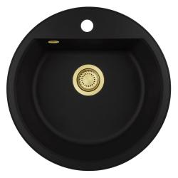 GraniteMy Bremen lavabo rotondo in granito 43 cm nero, da incasso e sottotop, con foro per rubinetto e tappo dorato 1208971841