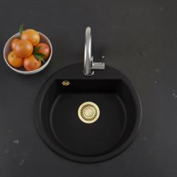 GraniteMy Bremen lavabo rotondo in granito 43 cm nero, da incasso e sottotop, con foro per rubinetto e tappo dorato 1208971841