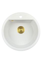 GraniteMy Bremen lavabo rotondo in granito 43 cm bianco, da appoggio e sottotop, con foro per rubinetto e tappo automatico dorato 1208971848