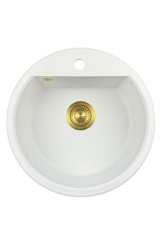 GraniteMy Bremen lavabo rotondo in granito 43 cm bianco, da appoggio e sottotop, con foro per rubinetto e tappo automatico dorato 1208971848
