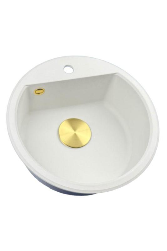 GraniteMy Bremen lavabo rotondo in granito 43 cm bianco, da appoggio e sottotop, con foro per rubinetto e tappo automatico dorato 1208971848