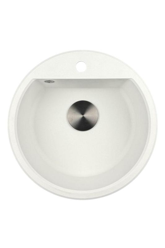 GraniteMy Bremen lavabo rotondo in granito 43 cm bianco, da incasso e sottotop, con foro per rubinetto e tappo automatico in metallo color canna di fucile 1208971849