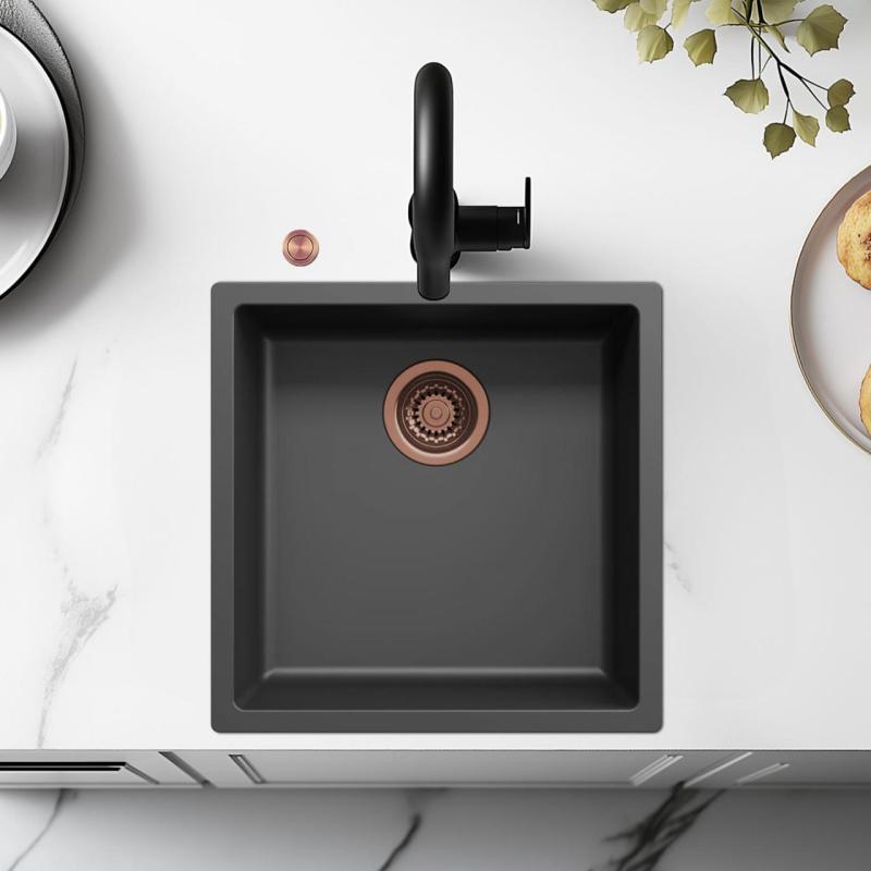 Lavello Ausmann Fibre nero 40x40cm da incasso, sopraelevato e a filo con tappo automatico in rame 1208971852