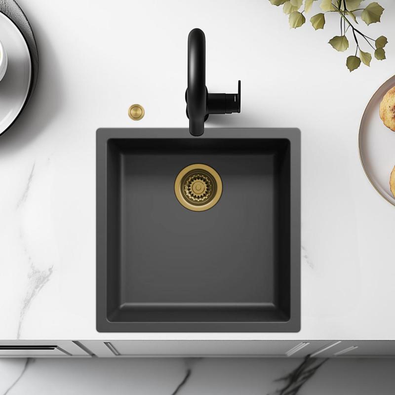 Lavabo Ausmann Fibre nero 40x40cm da incasso, sopra il top e a filo con tappo automatico dorato 1208971853