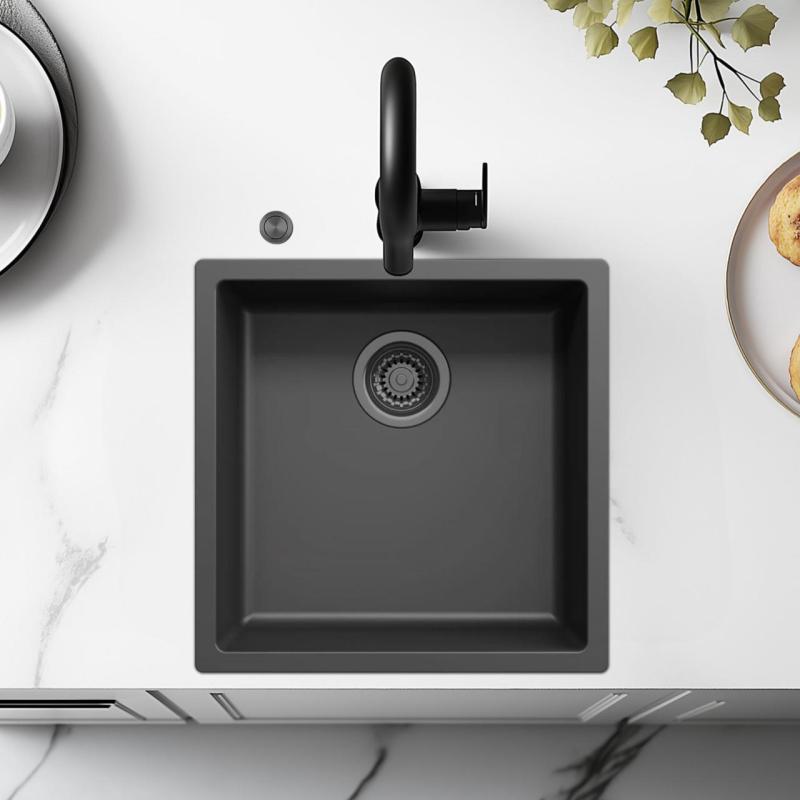 Lavello Ausmann Fibre nero 40x40cm da incasso, sopraelevato e a filo con tappo automatico in metallo color canna di fucile 1208971854
