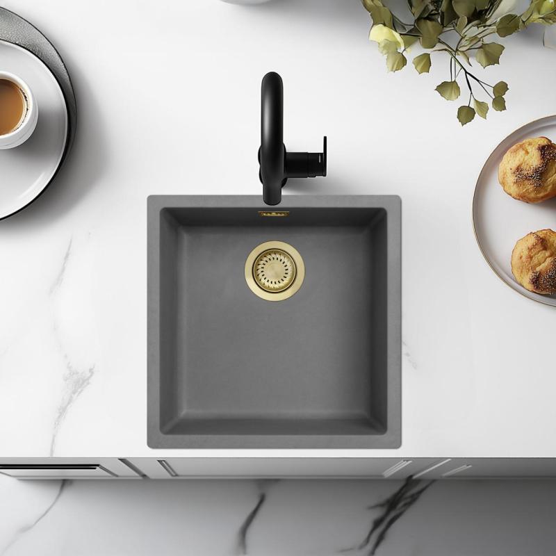 Ausmann Fibre lavabo in cemento grigio 40x40cm da incasso, sopraelevato e a filo con tappo dorato 1208971881