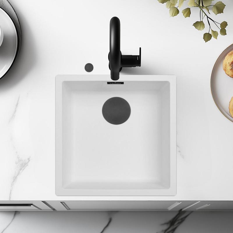 Lavello in fibra Ausmann bianco 40x40cm da sottotop, sopratop e filotop con tappo automatico nero 1208971892