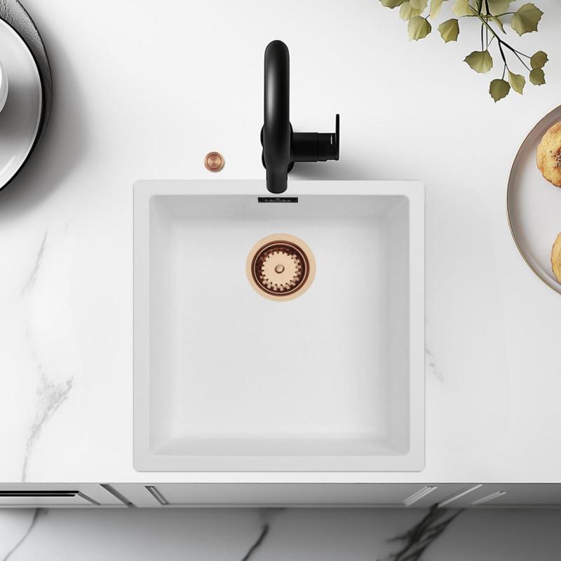 Lavabo bianco Ausmann Fibre 40x40cm da incasso, sopraelevato e a filo con tappo automatico in rame 1208971893