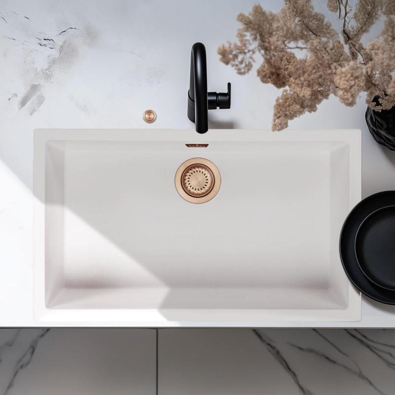 Ausmann Fibre bianco grande lavello 70x40cm da incasso, da appoggio e da filo con tappo automatico in rame 1208971906