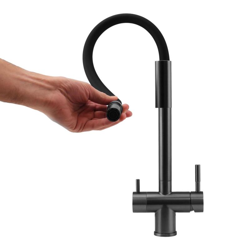 Pure.Sink Elite Steel Flex Rubinetto da cucina in metallo canna di fucile PVD a 3 vie con beccuccio flessibile e acqua filtrata PS8110-61