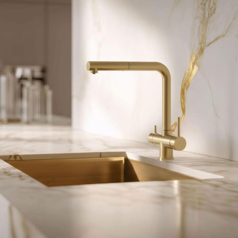 Pure.Sink Elite Steel Clear-S PVD spazzolato oro rubinetto da cucina a 3 vie con beccuccio estraibile e acqua filtrata PS8120-60