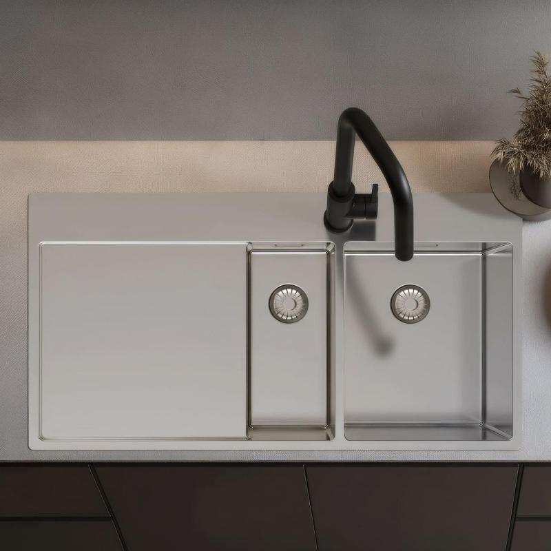 Pure.Sink Exclusivo Lavello in acciaio inox 1,5 con sgocciolatoio 100x52 cm Rubinetto a leva destro PEX3418100RT-02