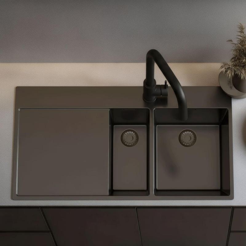 Pure.Sink Exclusivo Lavello Gun metal 1,5  con sgocciolatoio 100x52 cm Rubinetto Tapwing destro PEX3418100RT-61