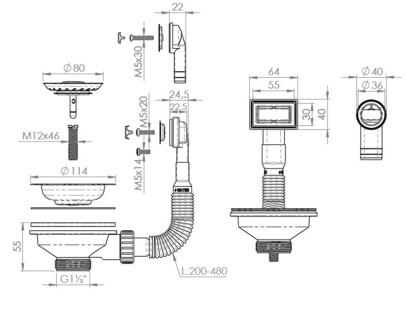 Pure.Sink Universal Set di tappi per cestello in rame, set di scarico per lavello con troppopieno rotondo e rettangolare WSTMAN-62