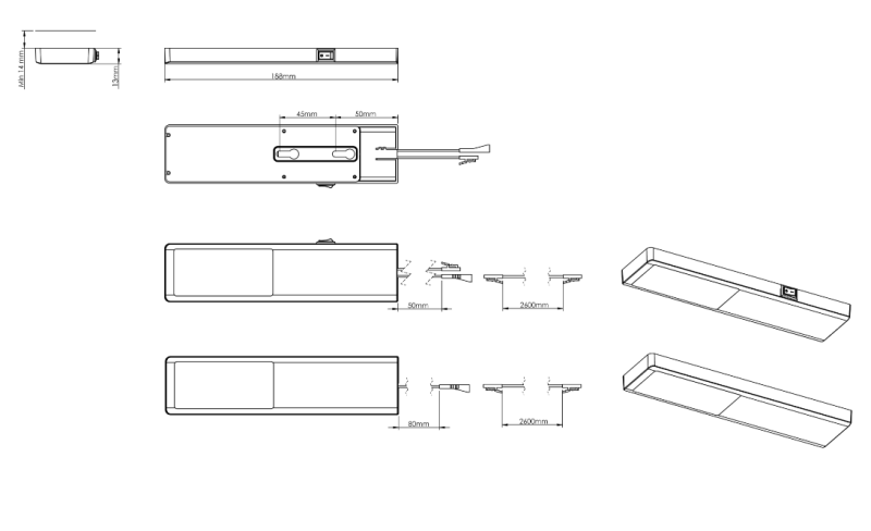Indux Nivo Set LED da incasso per cucina 3x3 W con interruttore centrale, look alluminio 1208972334